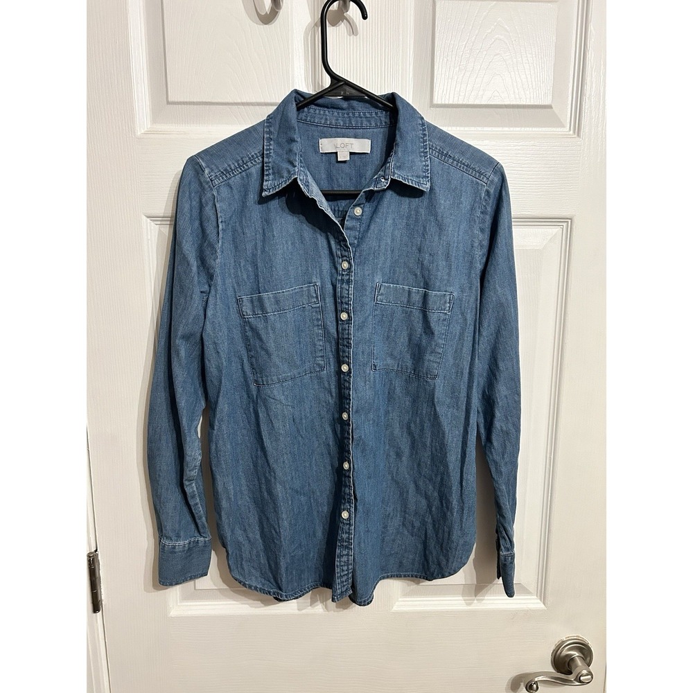 Loft S Denim Blue Jeans Jacket‎ Button Up Shirt 90s Comfort Classic Fall Cotton